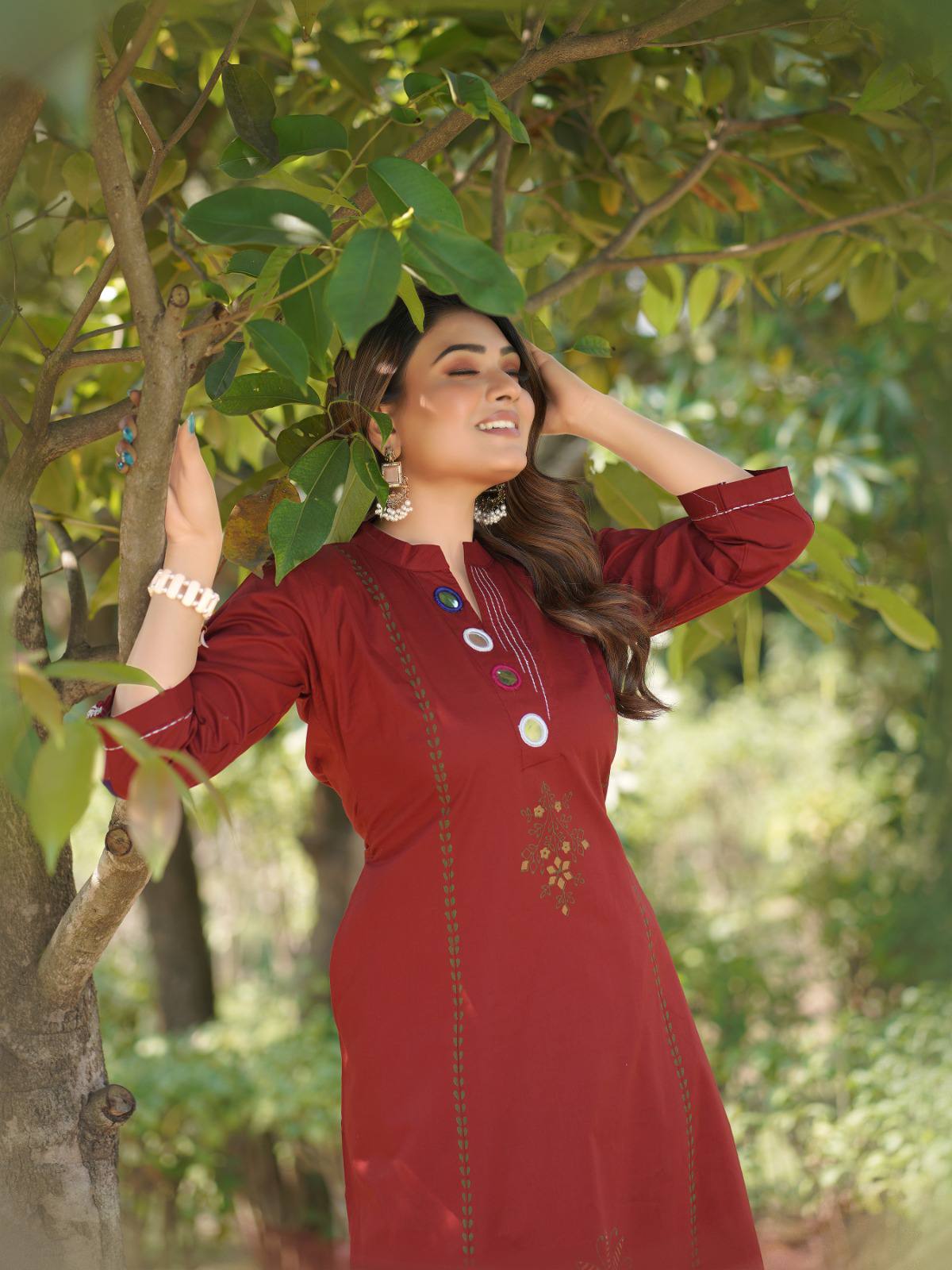 Maroon Embroidered Cotton Fusion Kurta Set with Mirror Work