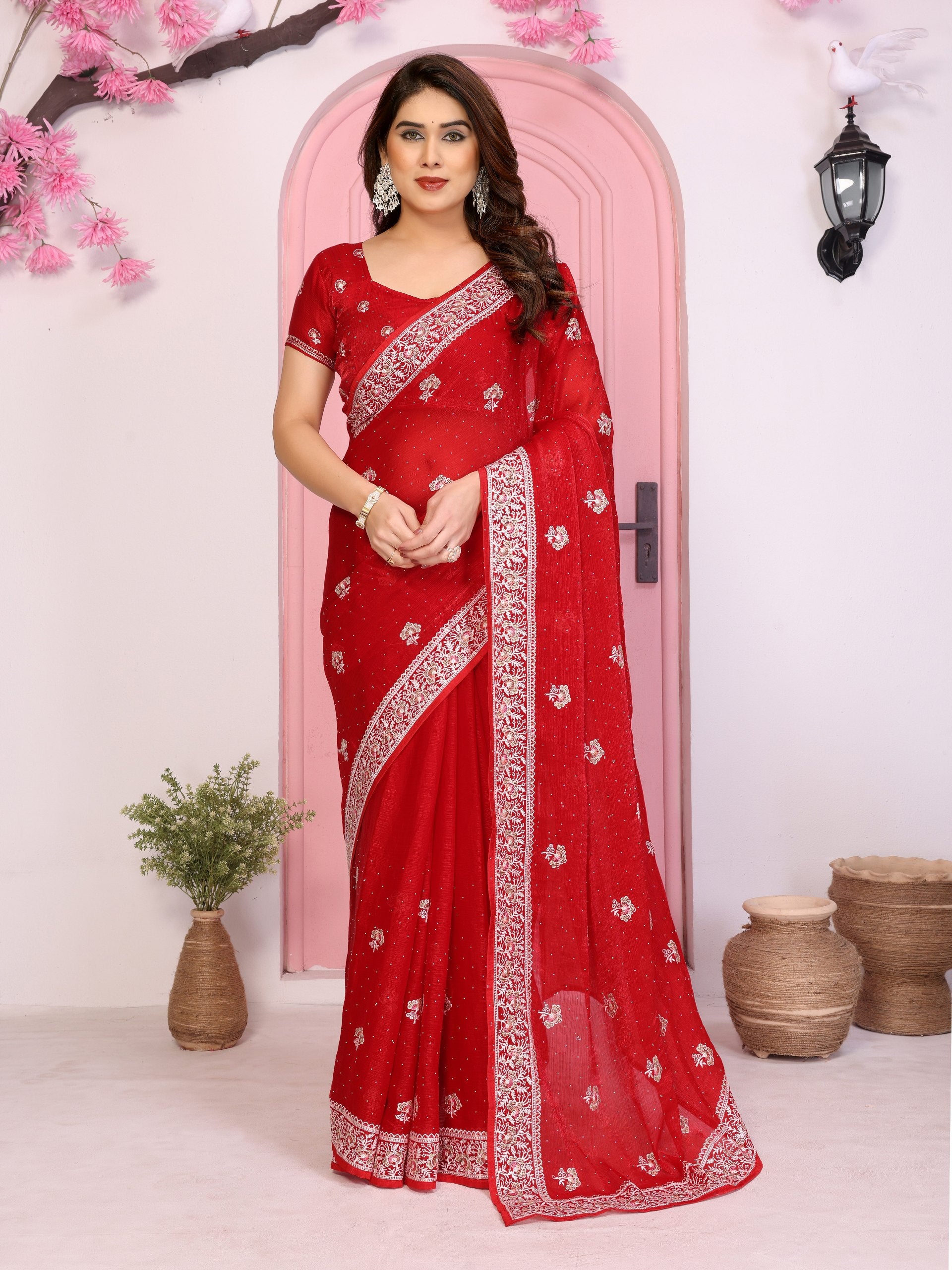 Radiant Crimson Georgette Saree with Intricate Silver Zari Embroidery