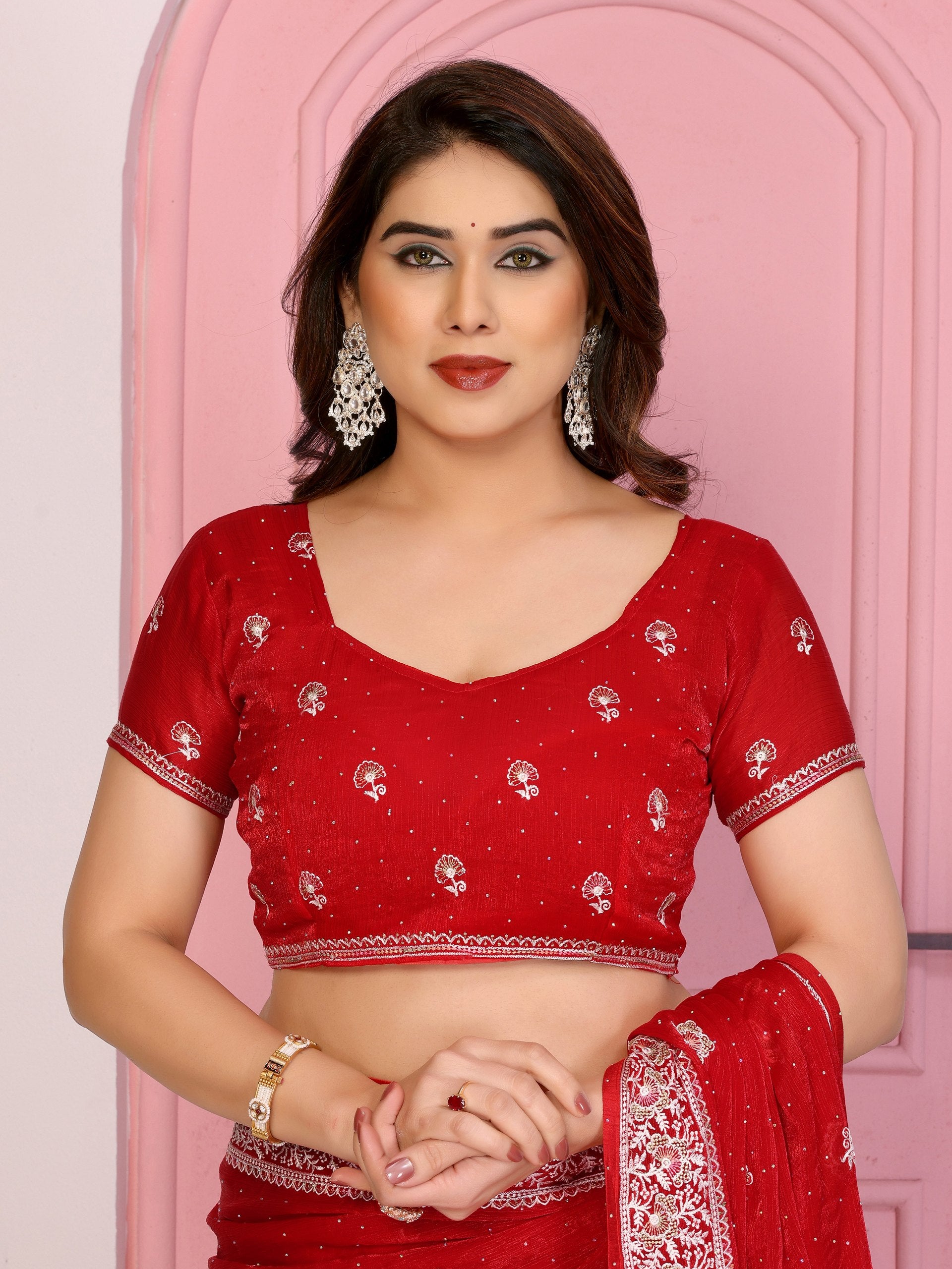 Radiant Crimson Georgette Saree with Intricate Silver Zari Embroidery