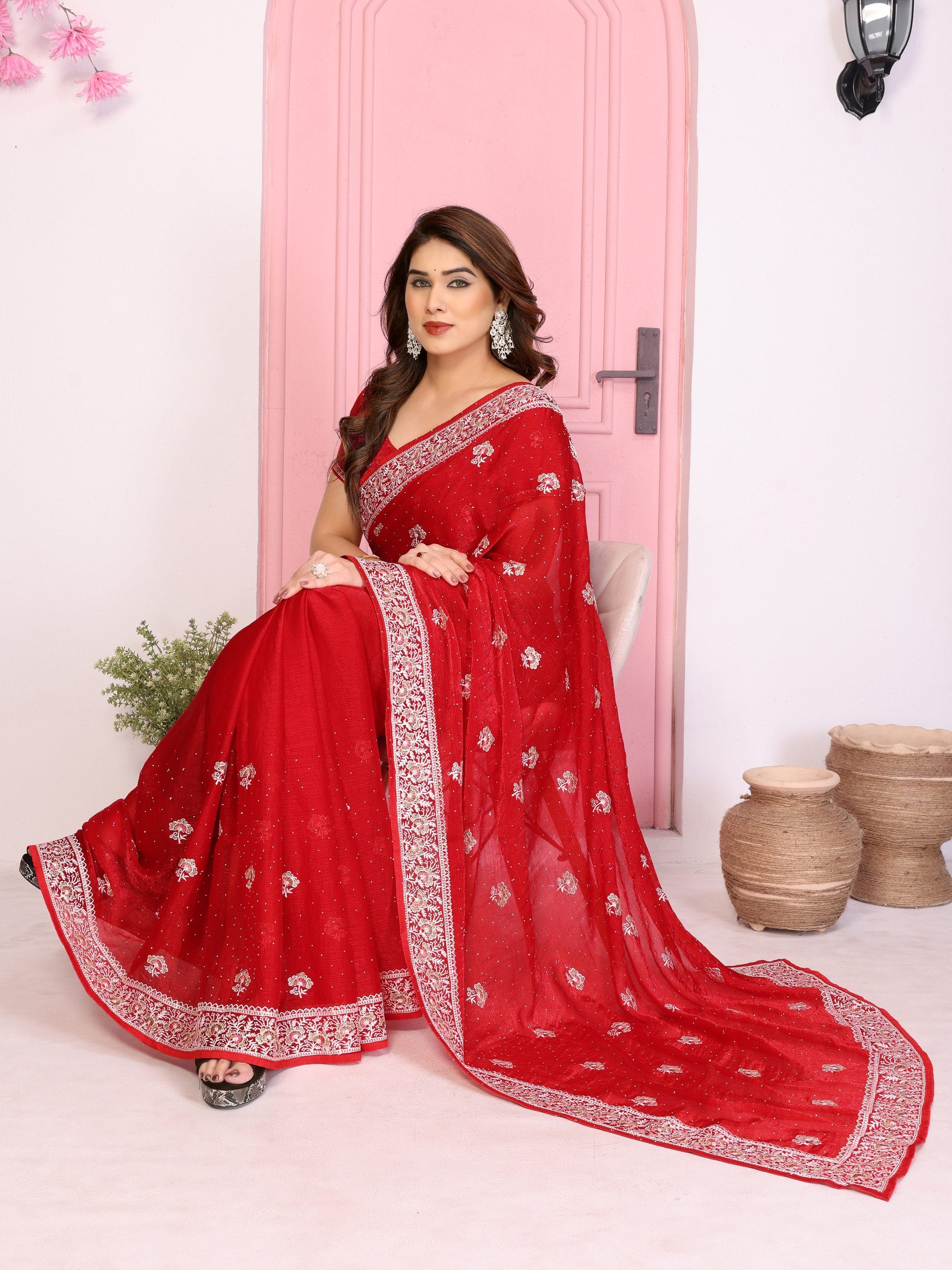 Radiant Crimson Georgette Saree with Intricate Silver Zari Embroidery
