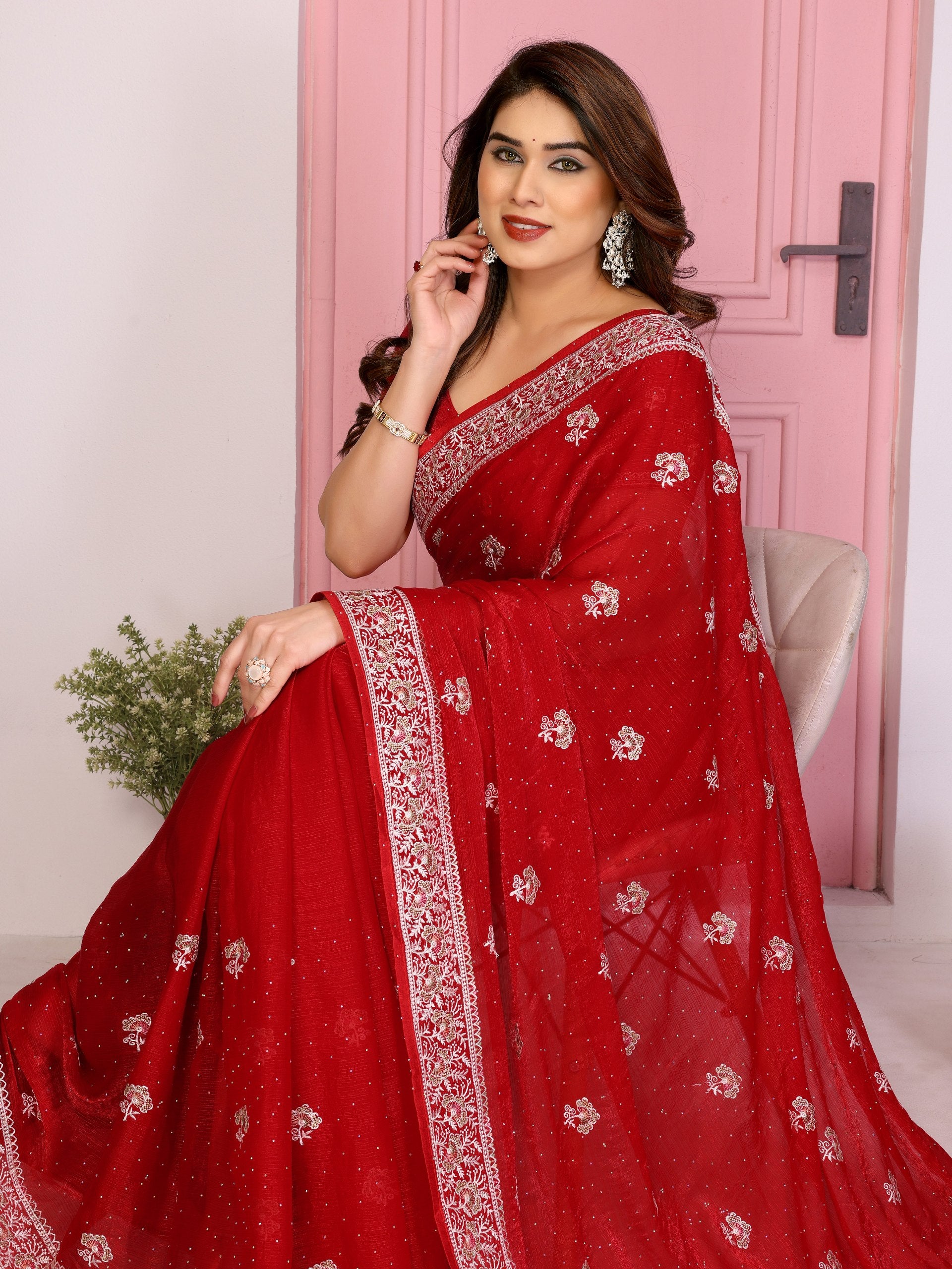 Radiant Crimson Georgette Saree with Intricate Silver Zari Embroidery