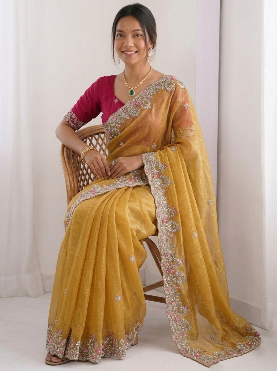 Mustard Gold Chiffon silk Saree with Scalloped Floral Embroidery and Magenta Contrast Blouse