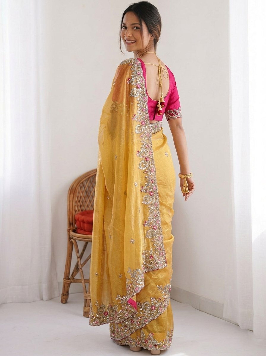 Mustard Gold Chiffon silk Saree with Scalloped Floral Embroidery and Magenta Contrast Blouse