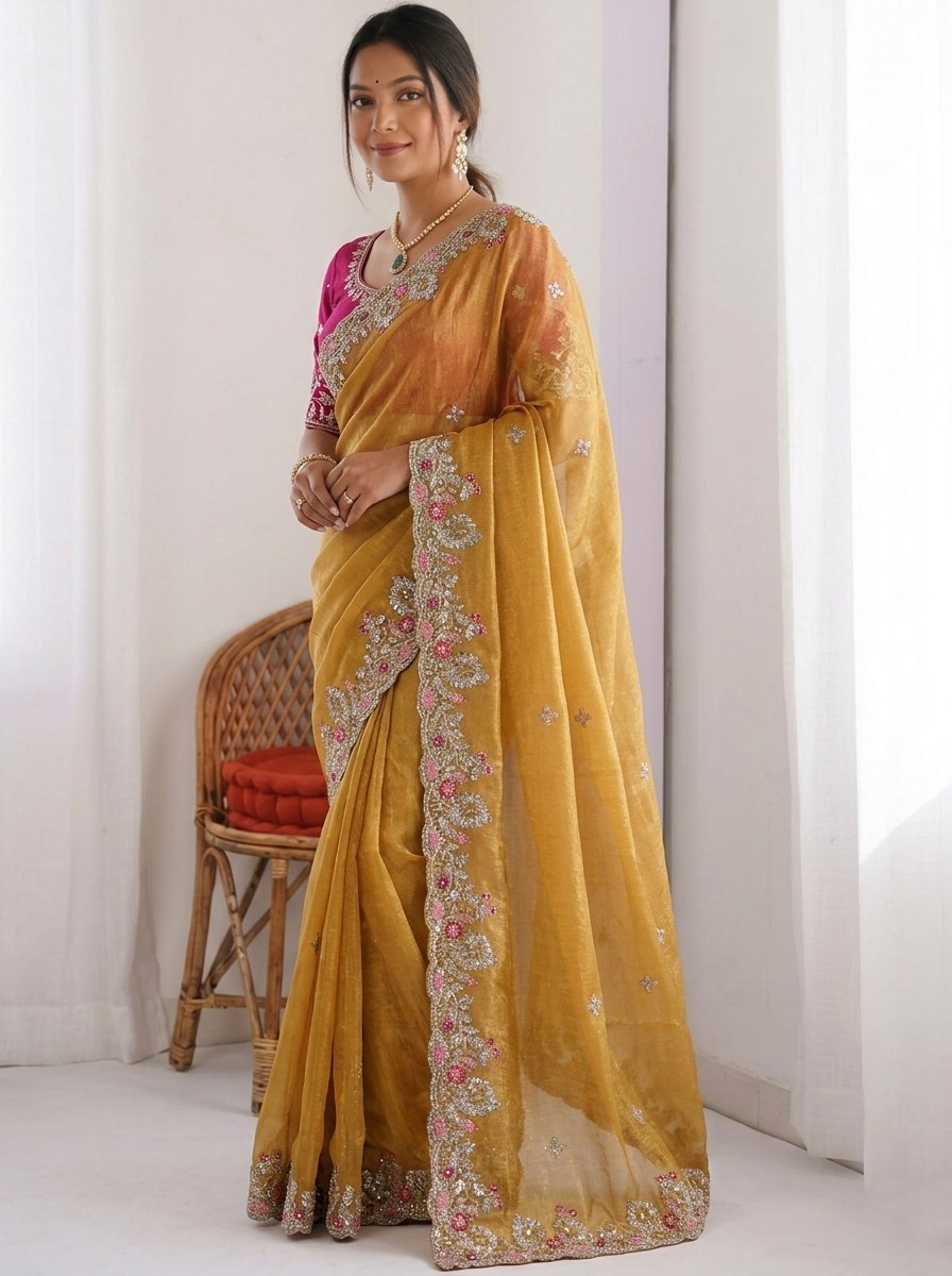 Mustard Gold Chiffon silk Saree with Scalloped Floral Embroidery and Magenta Contrast Blouse