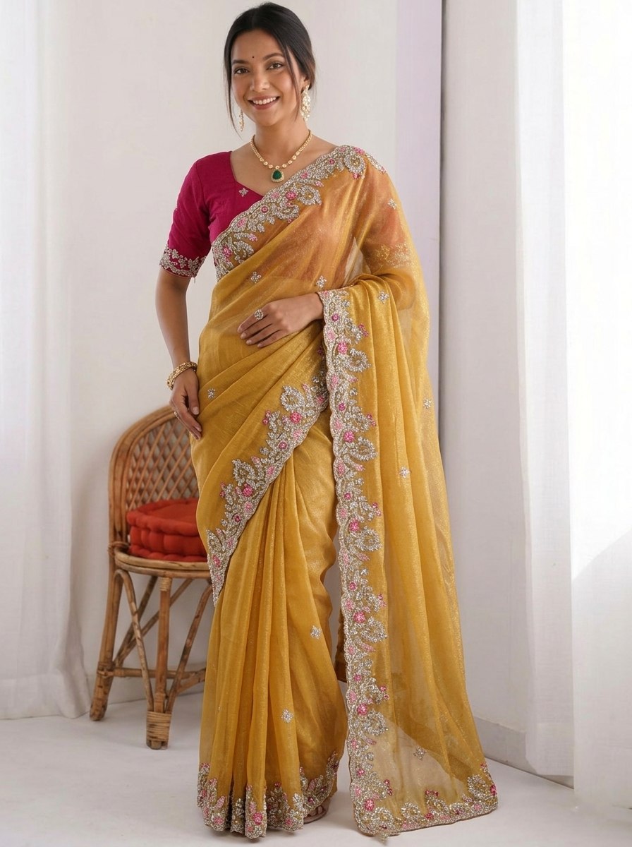 Mustard Gold Chiffon silk Saree with Scalloped Floral Embroidery and Magenta Contrast Blouse