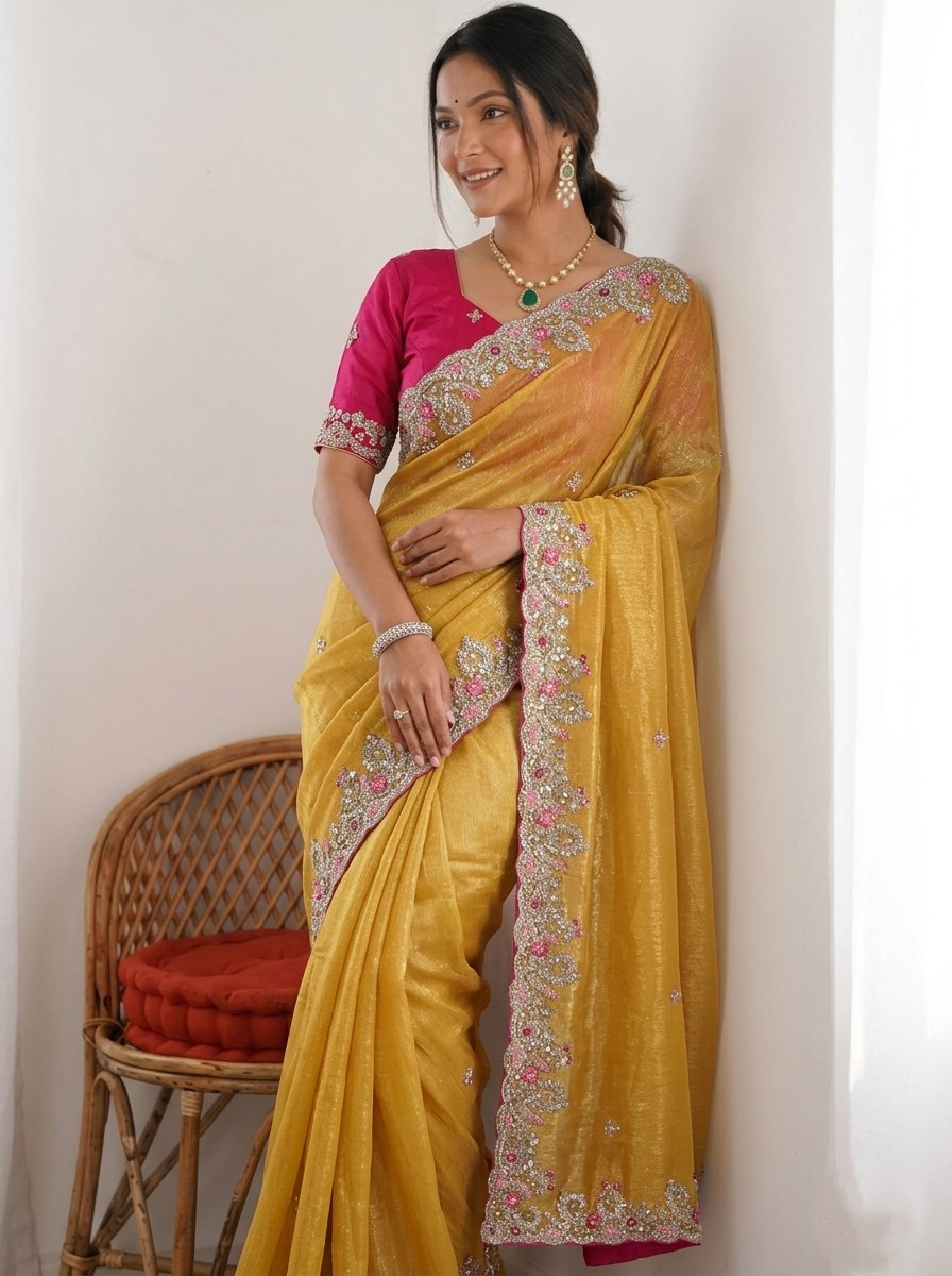 Mustard Gold Chiffon silk Saree with Scalloped Floral Embroidery and Magenta Contrast Blouse