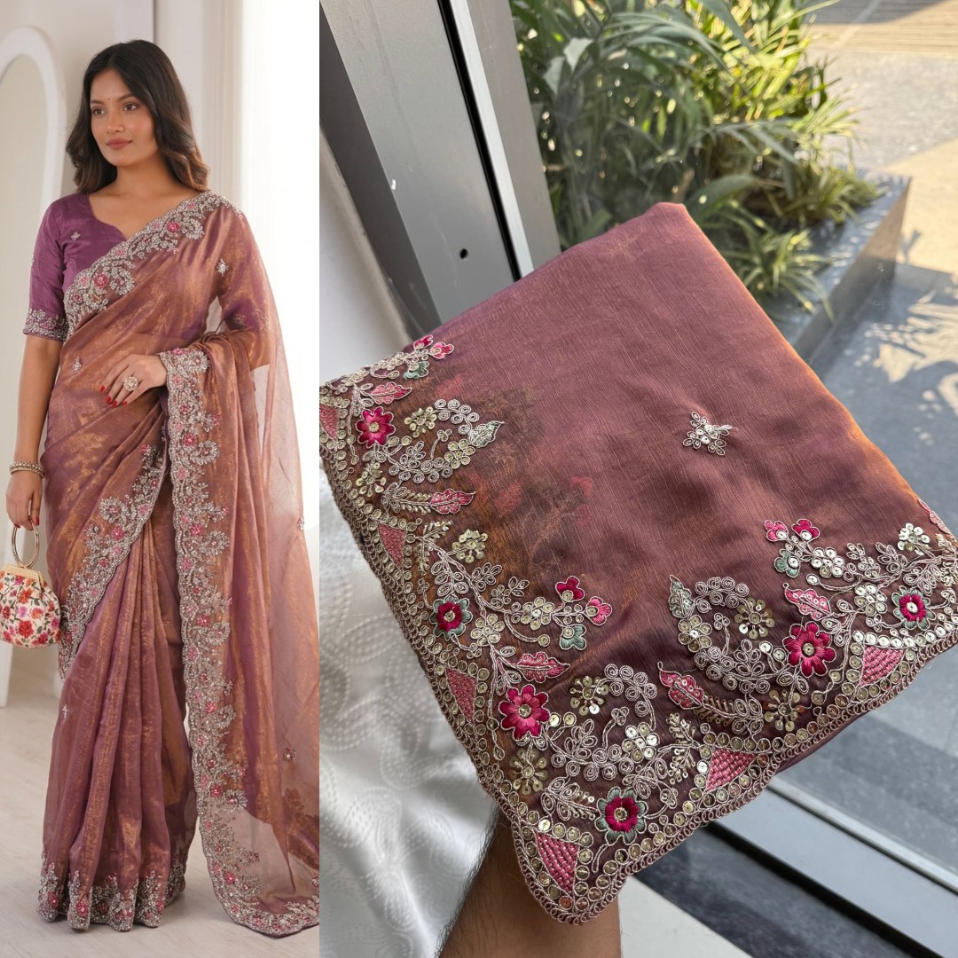 Mauve-Bronze Metallic Chiffon silk Saree with Scalloped Floral Zari Embroidery