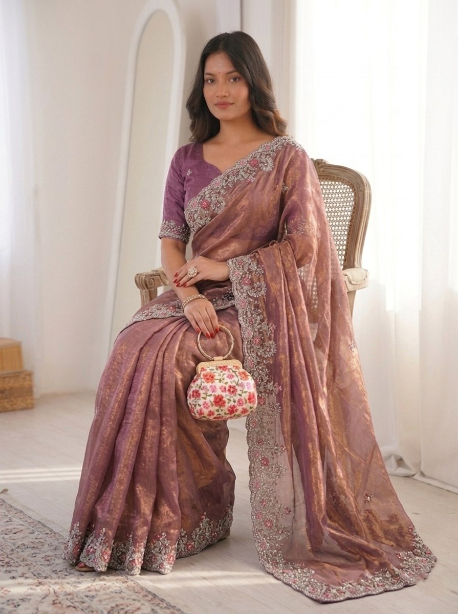 Mauve-Bronze Metallic Chiffon silk Saree with Scalloped Floral Zari Embroidery