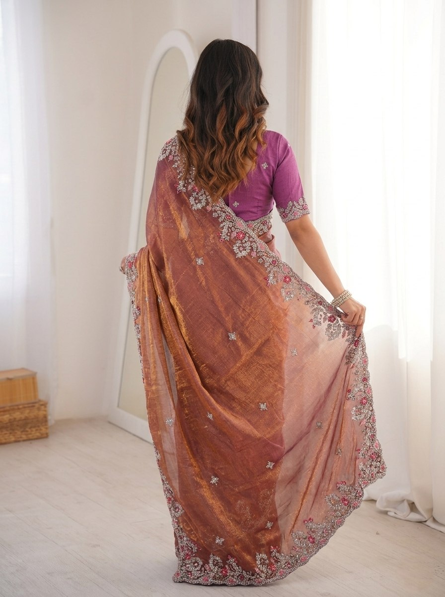 Mauve-Bronze Metallic Chiffon silk Saree with Scalloped Floral Zari Embroidery