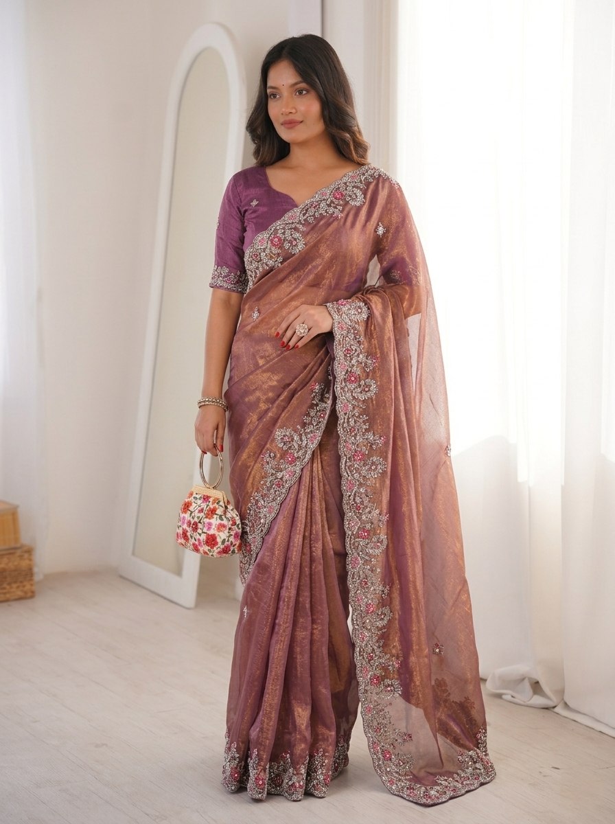 Mauve-Bronze Metallic Chiffon silk Saree with Scalloped Floral Zari Embroidery