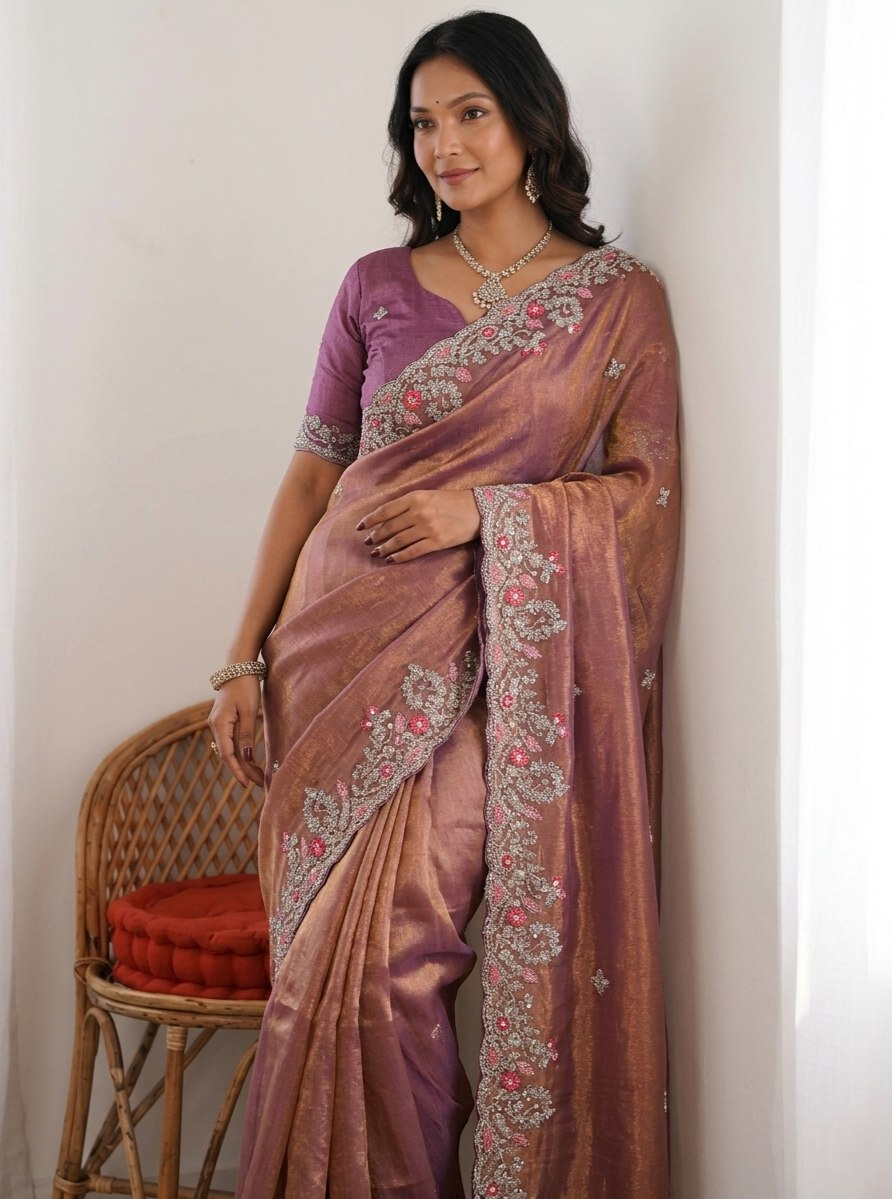 Mauve-Bronze Metallic Chiffon silk Saree with Scalloped Floral Zari Embroidery