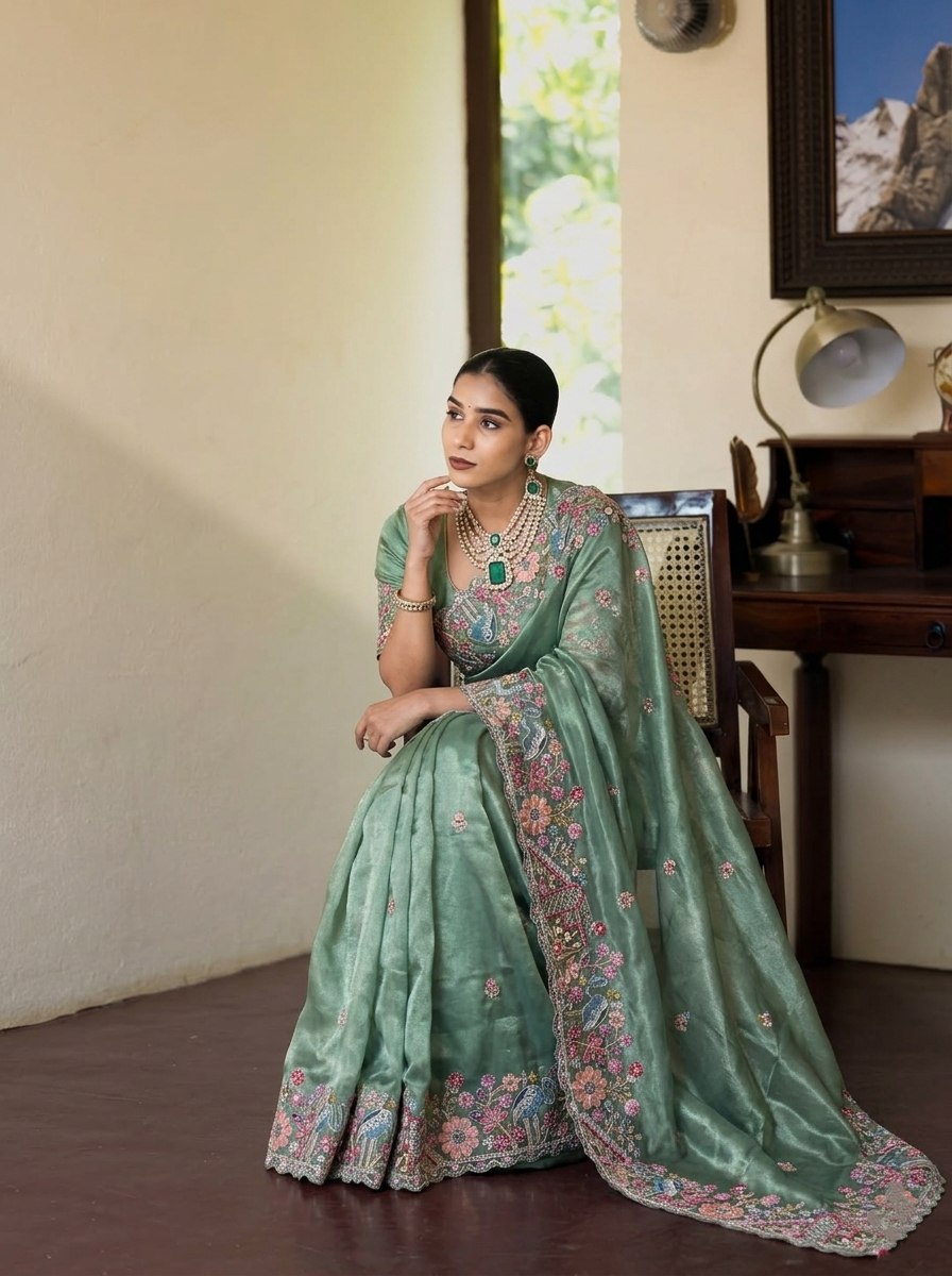 Sage Green Pure Soft Tissue Silk Saree with Multicolored Floral Scalloped Embroidery