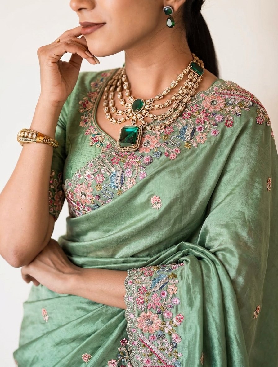 Sage Green Pure Soft Tissue Silk Saree with Multicolored Floral Scalloped Embroidery