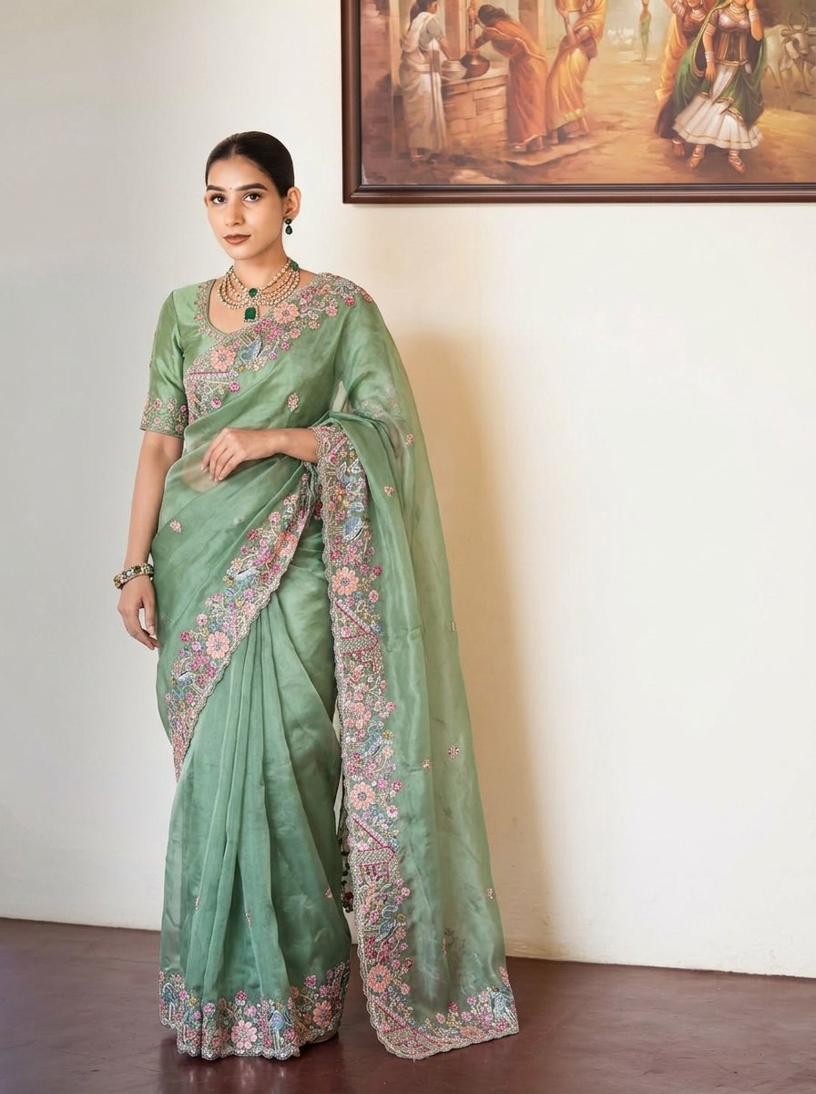 Sage Green Pure Soft Tissue Silk Saree with Multicolored Floral Scalloped Embroidery