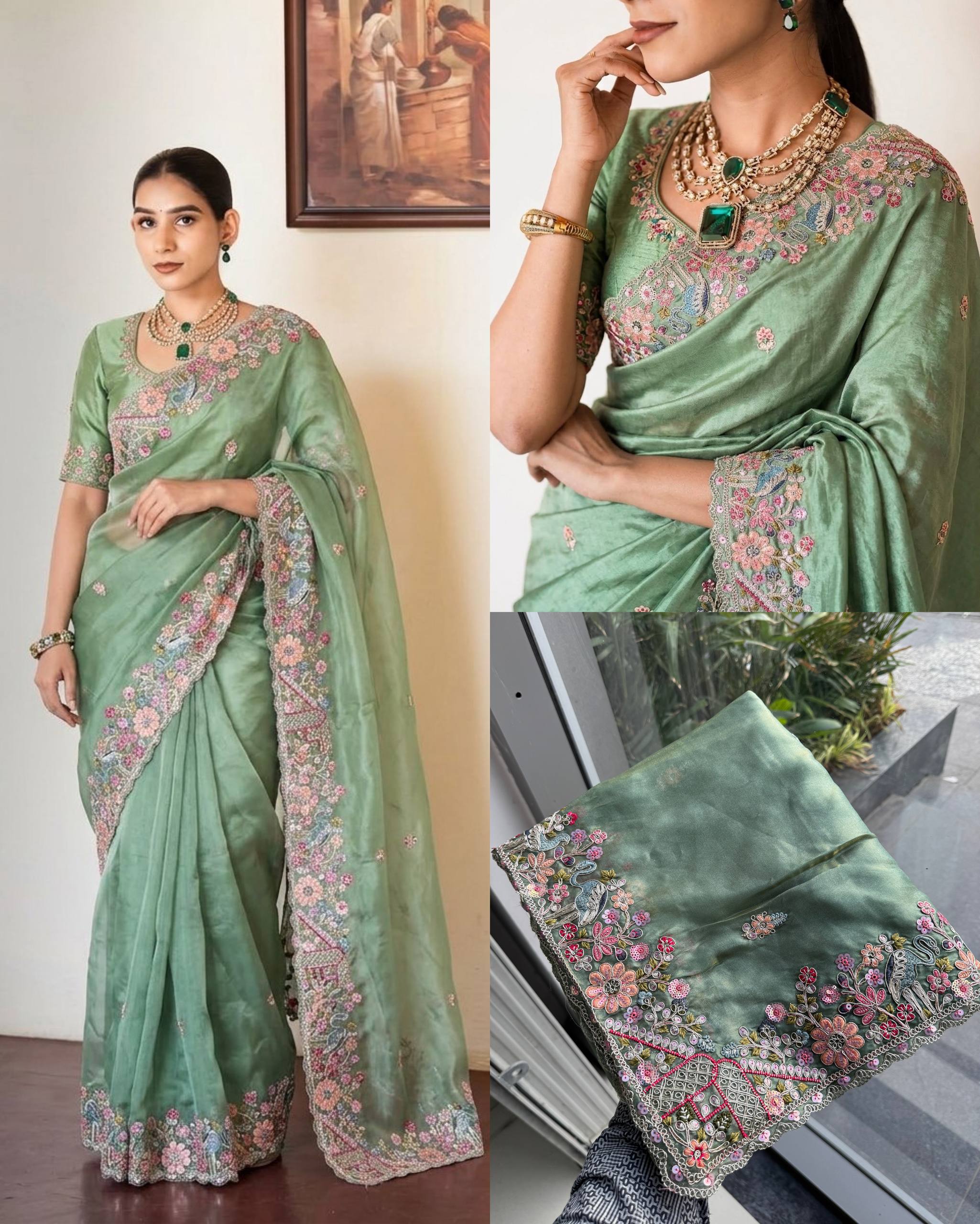 Sage Green Pure Soft Tissue Silk Saree with Multicolored Floral Scalloped Embroidery