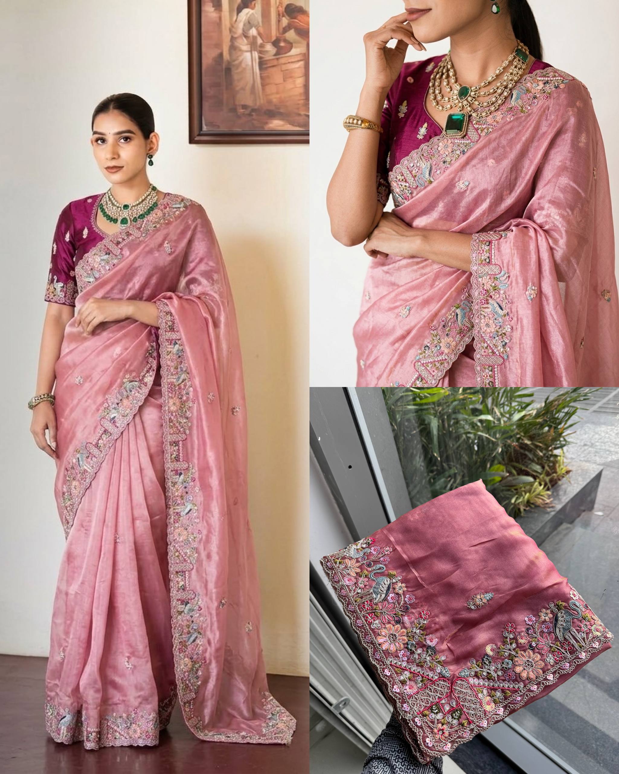 Rose Pink Shimmer Pure Soft Tissue Silk Saree with Ornate Floral Scalloped Border