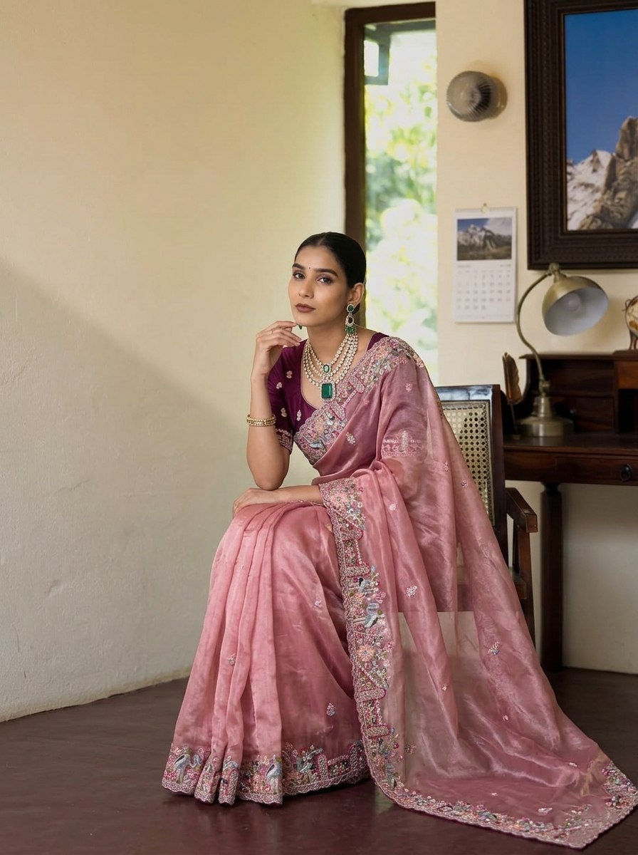 Rose Pink Shimmer Pure Soft Tissue Silk Saree with Ornate Floral Scalloped Border