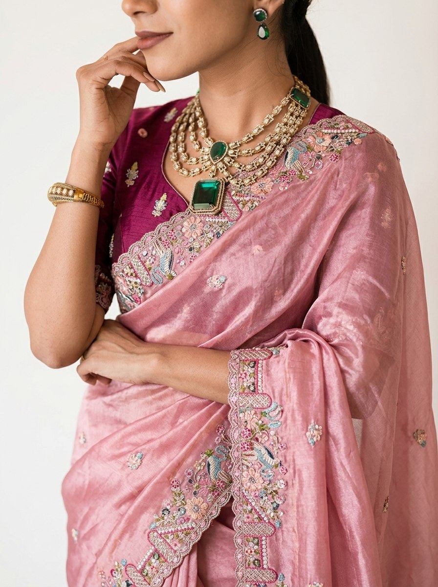 Rose Pink Shimmer Pure Soft Tissue Silk Saree with Ornate Floral Scalloped Border