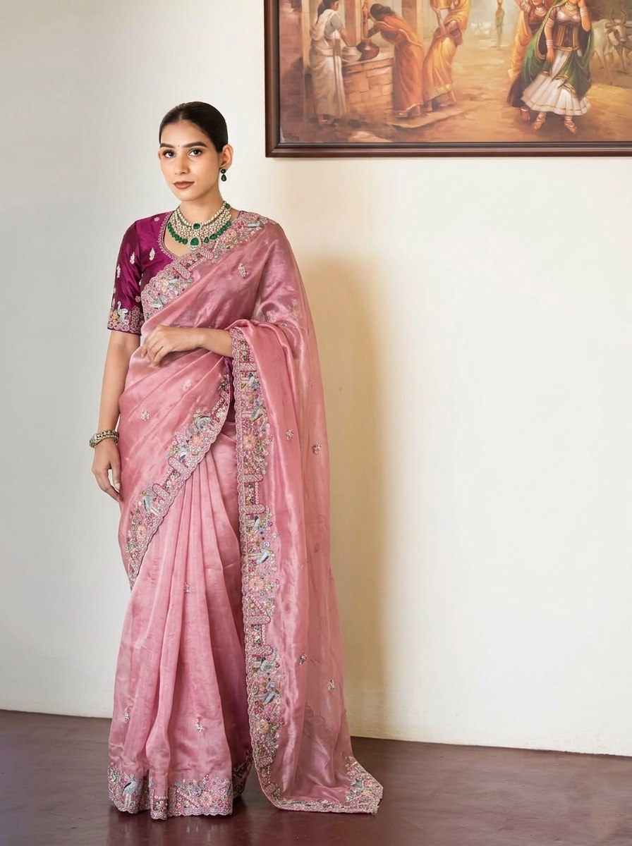 Rose Pink Shimmer Pure Soft Tissue Silk Saree with Ornate Floral Scalloped Border