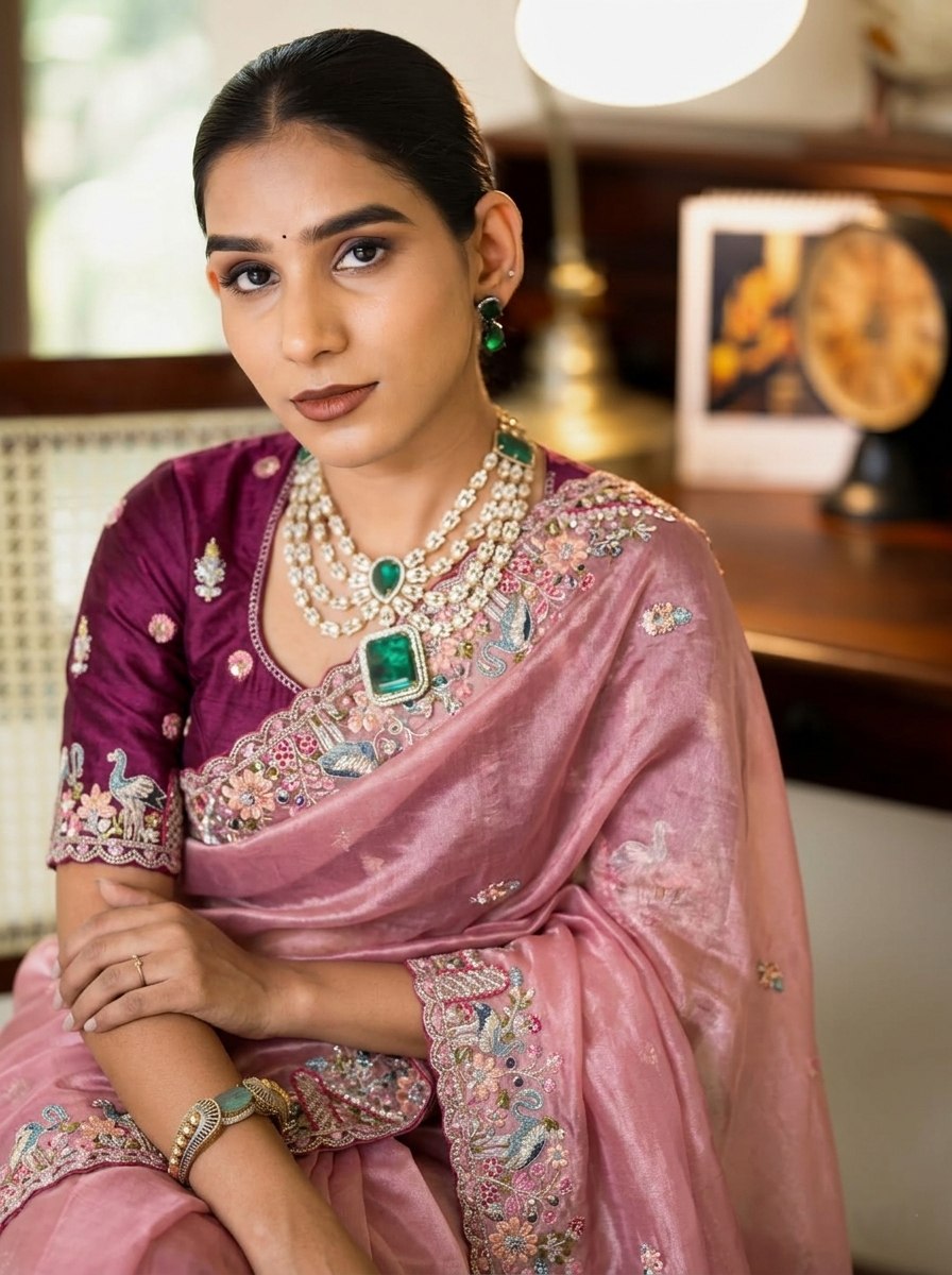 Rose Pink Shimmer Pure Soft Tissue Silk Saree with Ornate Floral Scalloped Border