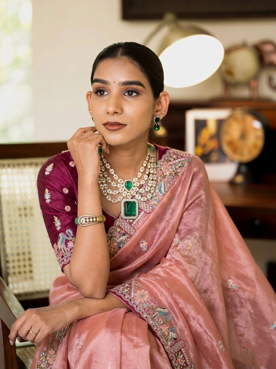 Rose Pink Shimmer Pure Soft Tissue Silk Saree with Ornate Floral Scalloped Border