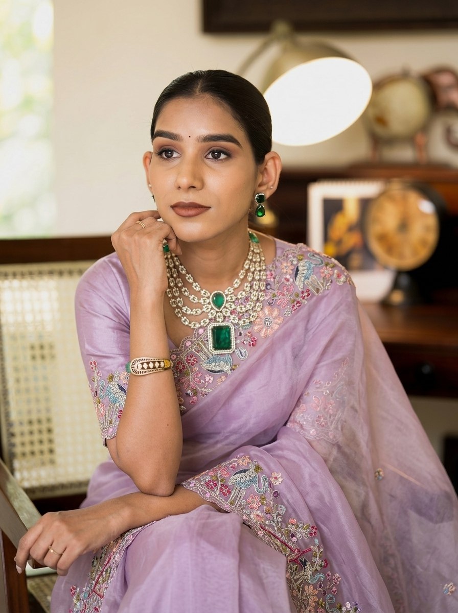Lavender Lustre Pure Soft Tissue Silk Saree with Multicolored Floral Scalloped Border
