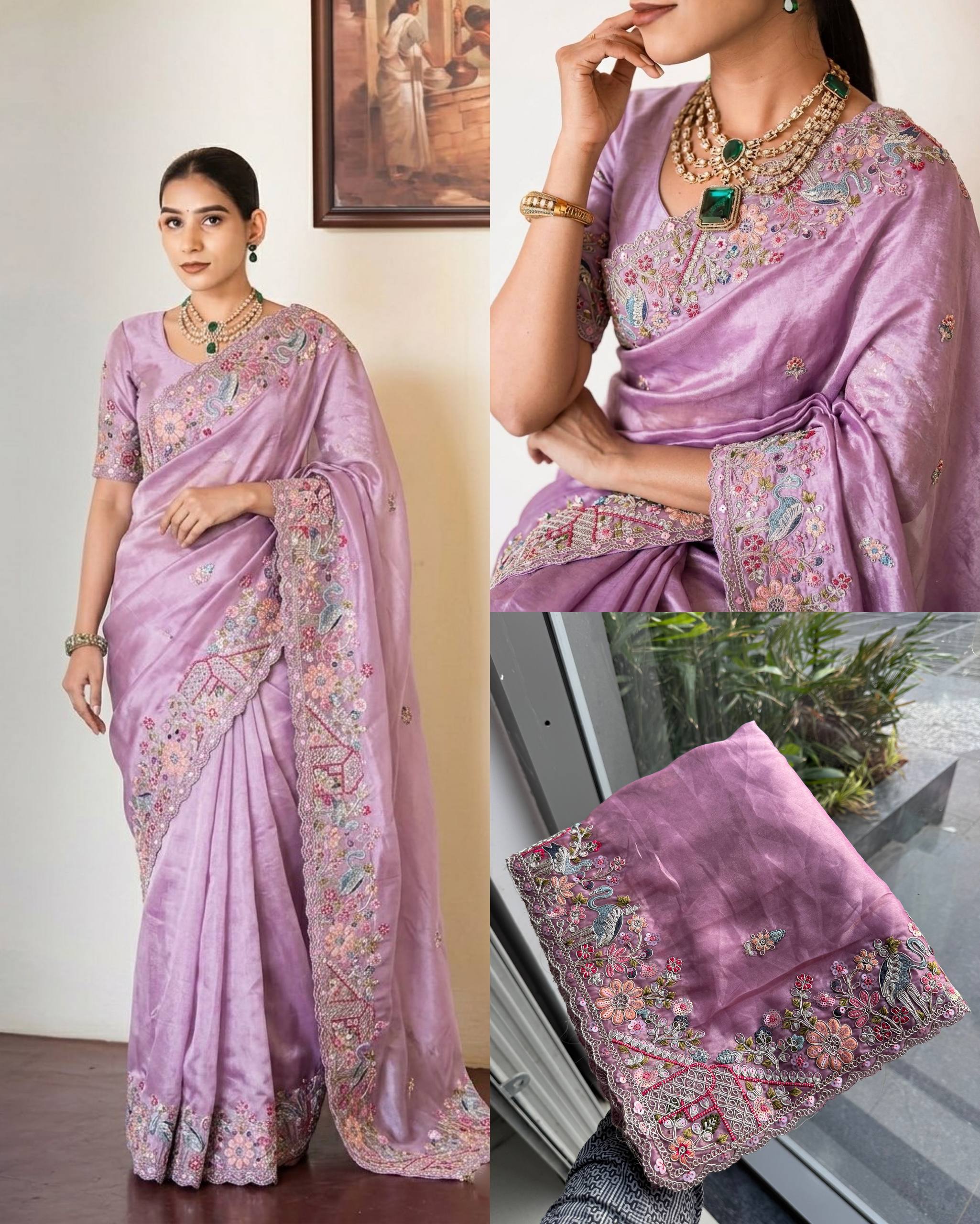 Lavender Lustre Pure Soft Tissue Silk Saree with Multicolored Floral Scalloped Border
