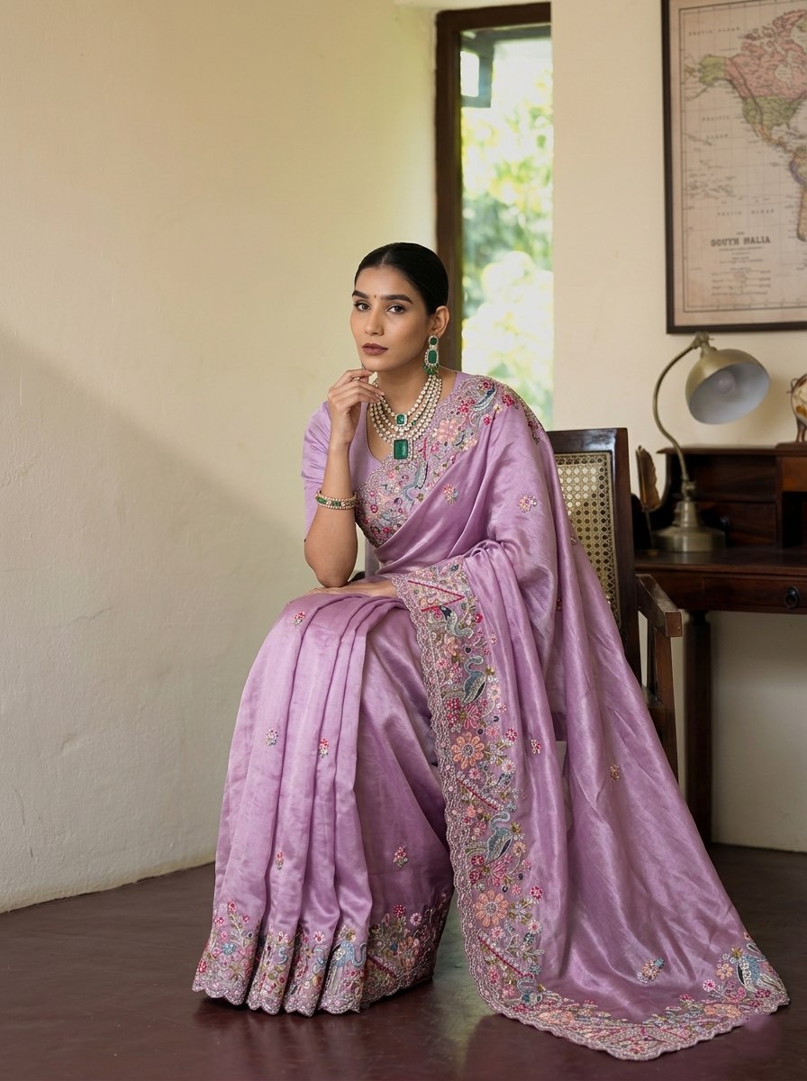 Lavender Lustre Pure Soft Tissue Silk Saree with Multicolored Floral Scalloped Border