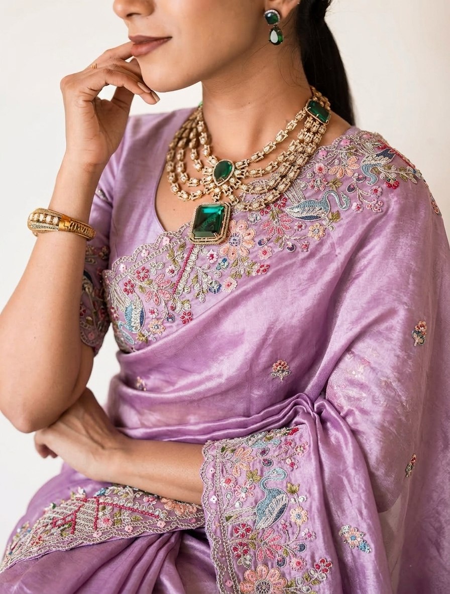 Lavender Lustre Pure Soft Tissue Silk Saree with Multicolored Floral Scalloped Border