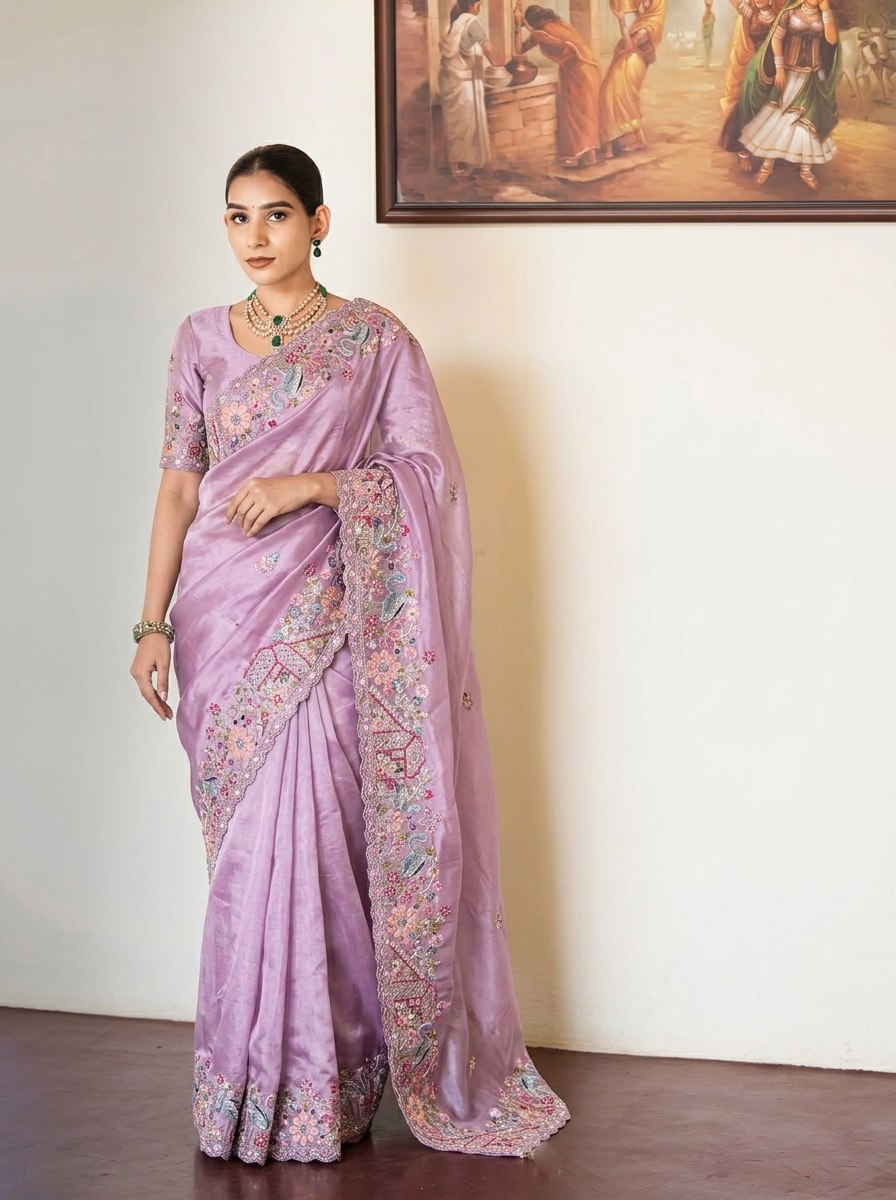 Lavender Lustre Pure Soft Tissue Silk Saree with Multicolored Floral Scalloped Border