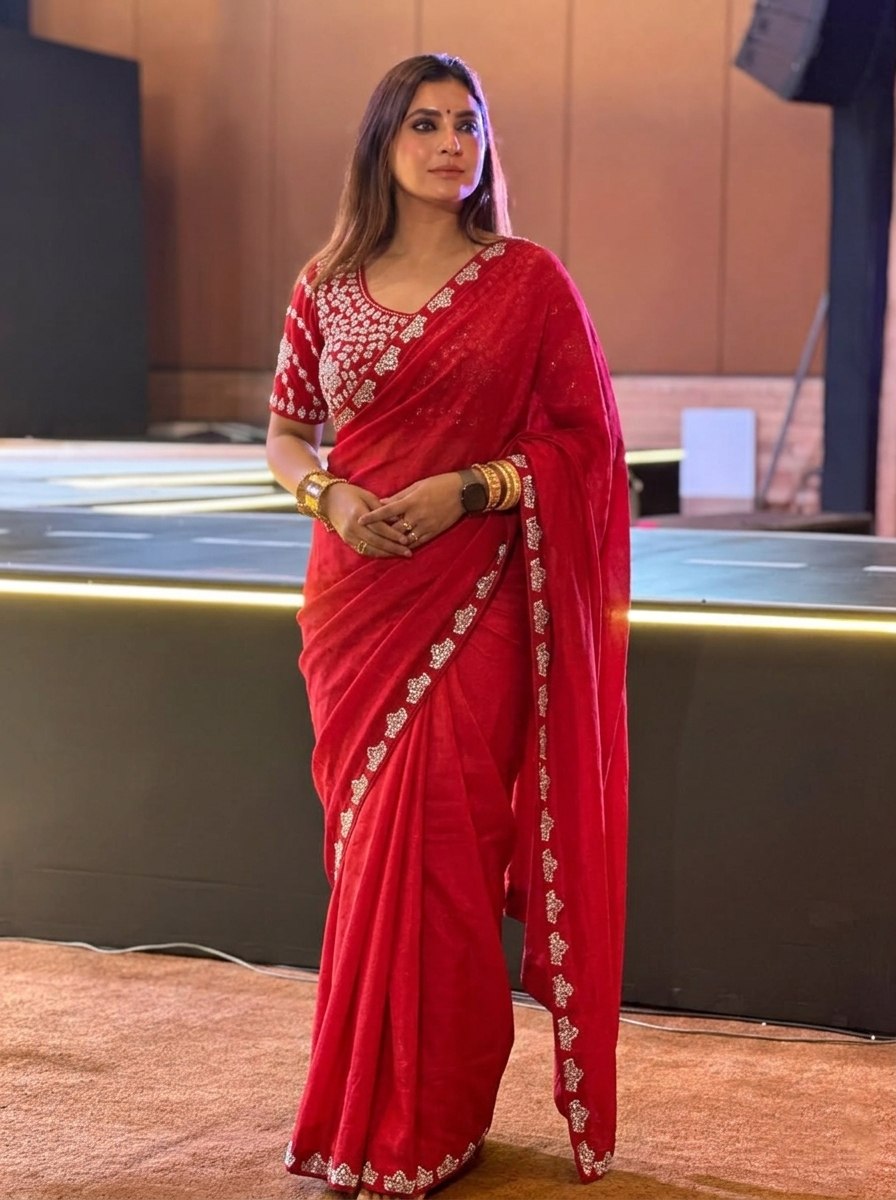 Red Chiffon Saree with Ornate Silver Zari Border and Heavy Embellished Blouse Stitched