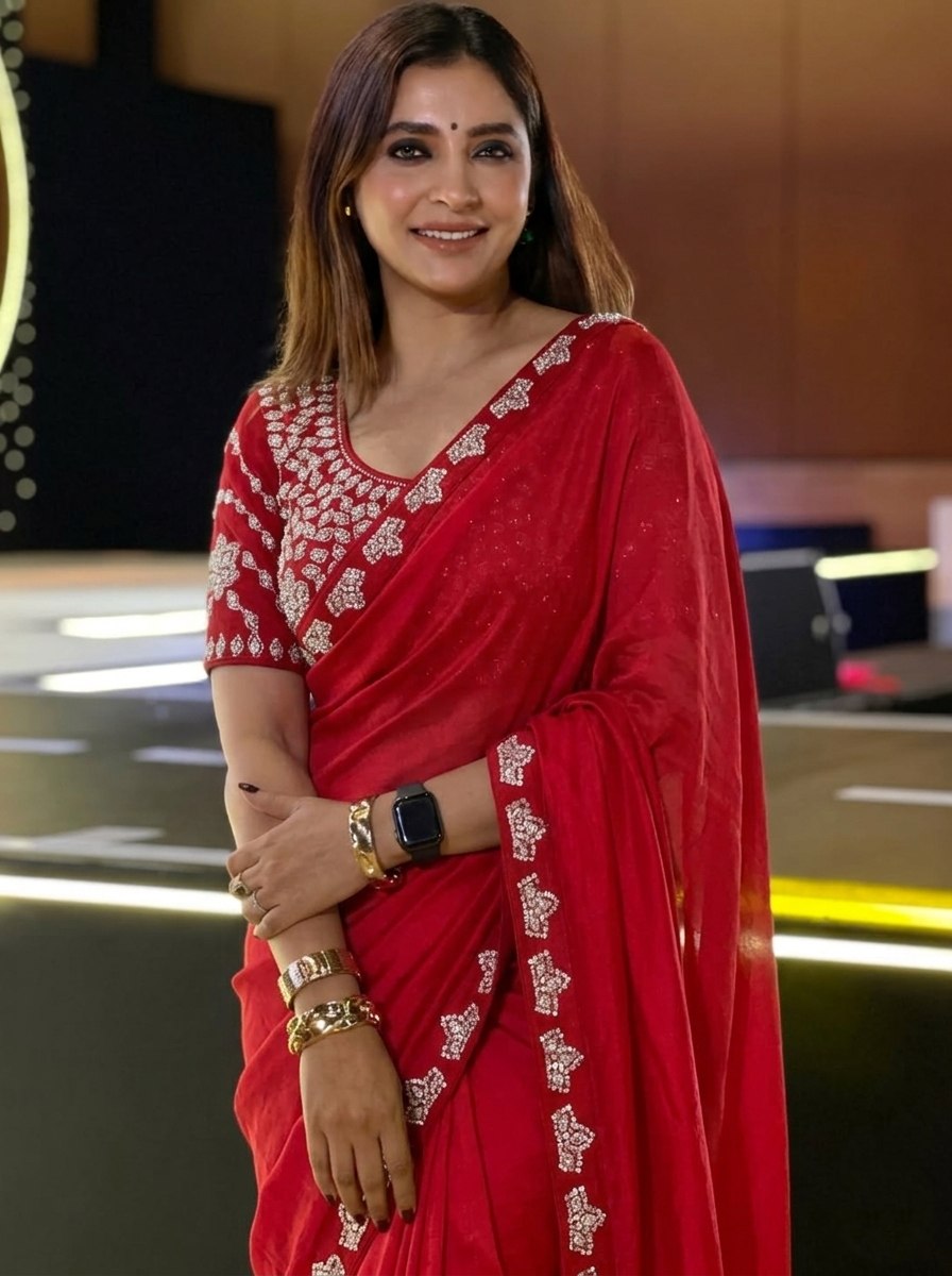Red Chiffon Saree with Ornate Silver Zari Border and Heavy Embellished Blouse Stitched