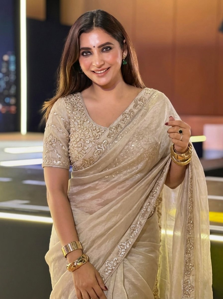 Beige Tissue Silk Saree with Elegant Silver Zari Embroidered Blouse Stitched