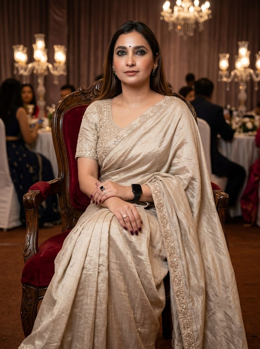 Beige Tissue Silk Saree with Elegant Silver Zari Embroidered Blouse Stitched