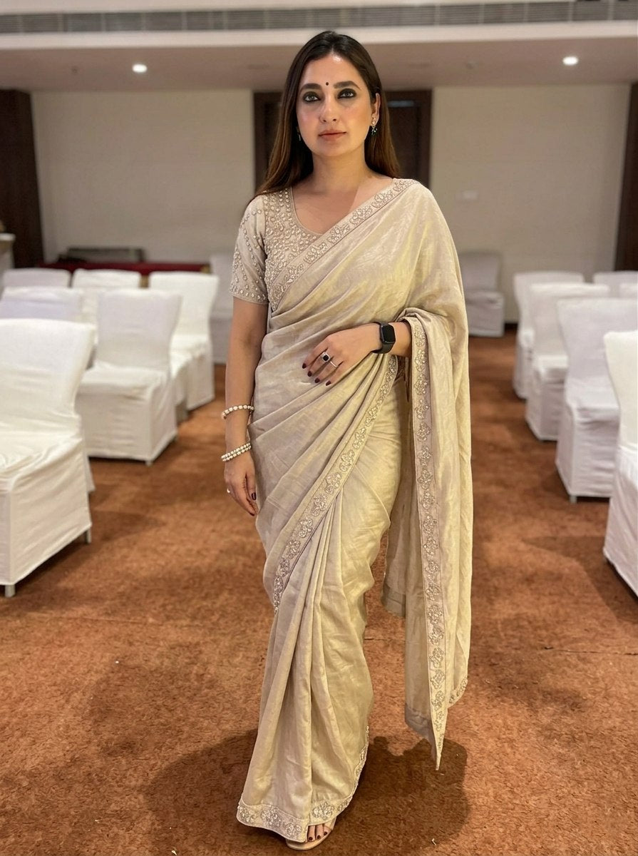 Beige Tissue Silk Saree with Elegant Silver Zari Embroidered Blouse Stitched