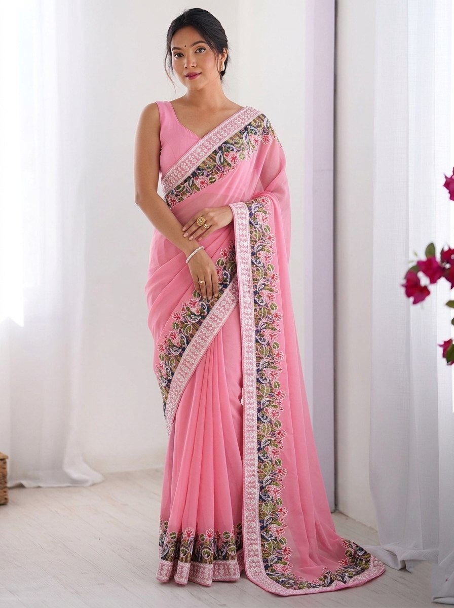 Pink Georgette Saree with Ornate Multicolored Floral Threadwork Border
