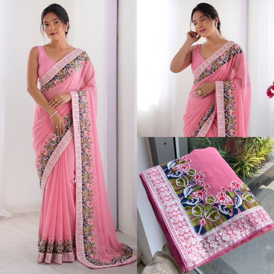 Pink Georgette Saree with Ornate Multicolored Floral Threadwork Border