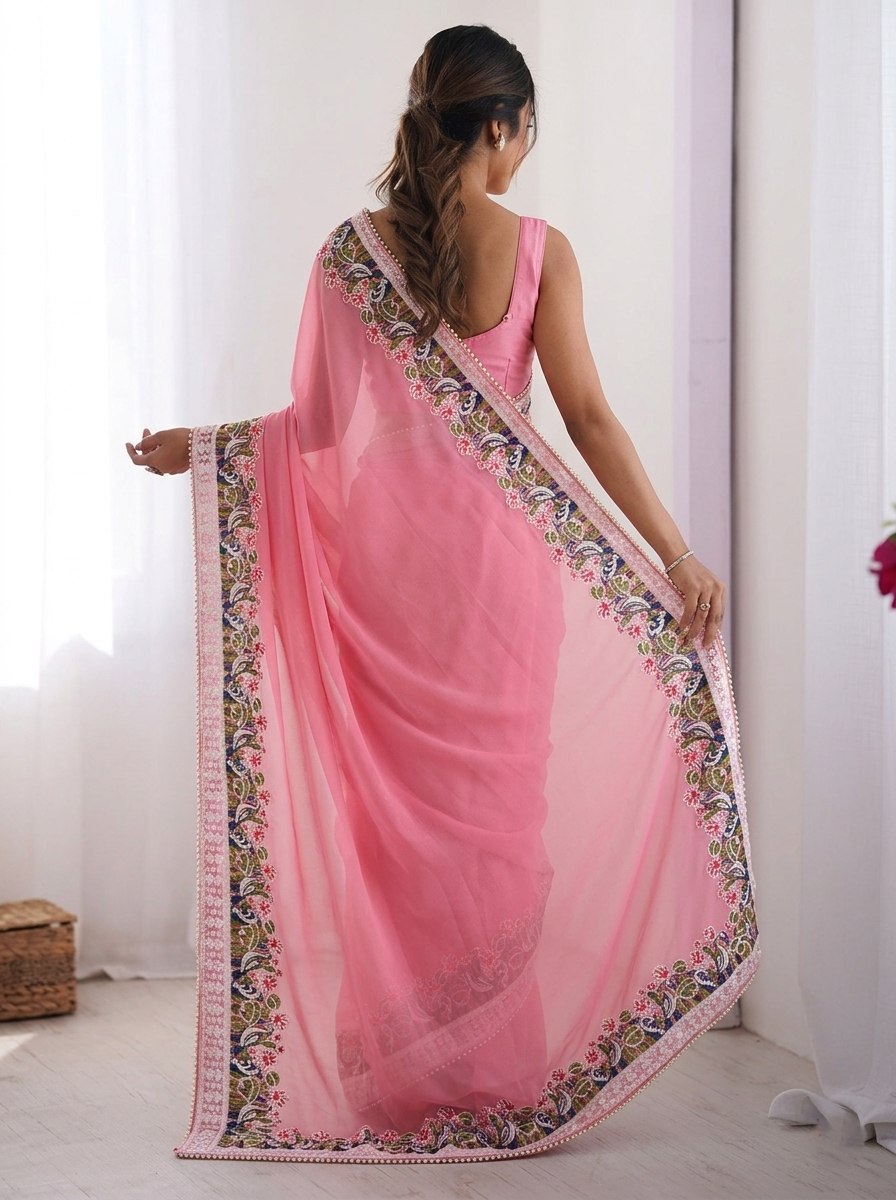 Pink Georgette Saree with Ornate Multicolored Floral Threadwork Border