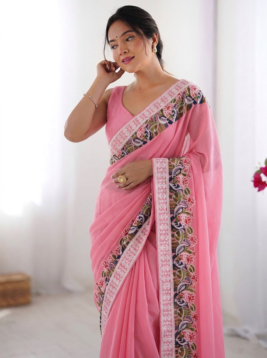 Pink Georgette Saree with Ornate Multicolored Floral Threadwork Border