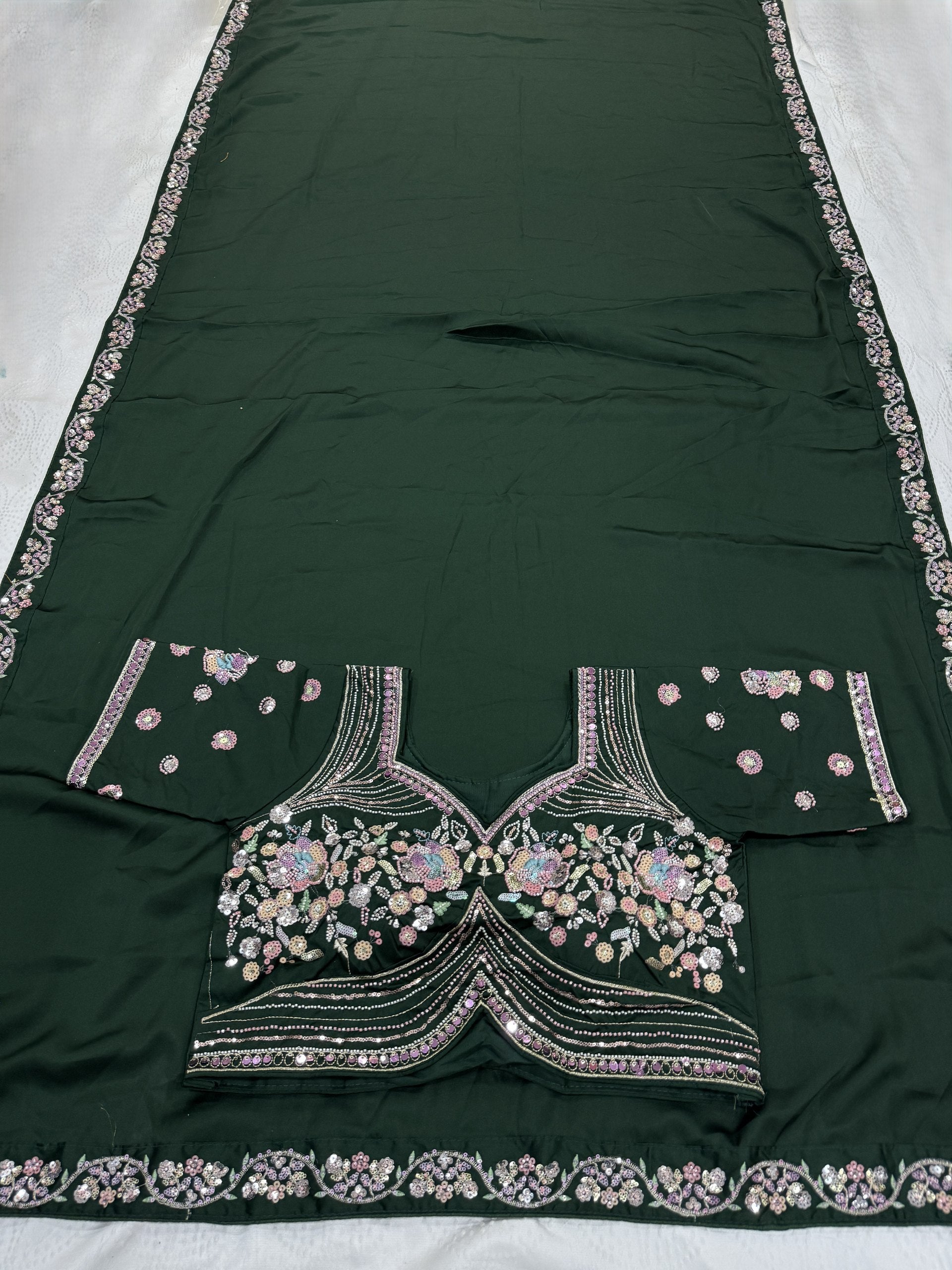 Emerald Green Malay Satin Silk Saree with Ornate Silver Heavy Embellished Blouse Stitched
