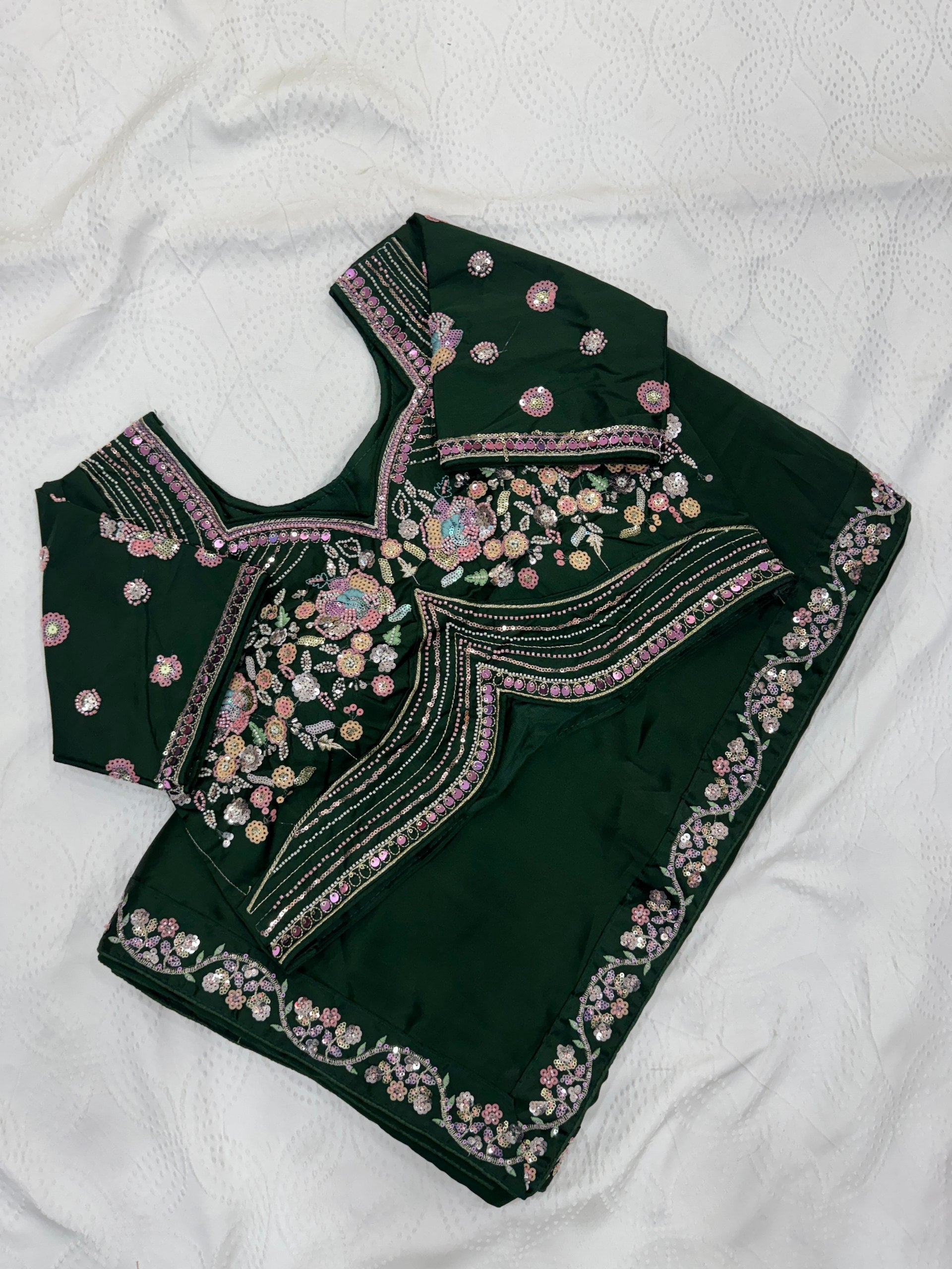 Emerald Green Malay Satin Silk Saree with Ornate Silver Heavy Embellished Blouse Stitched