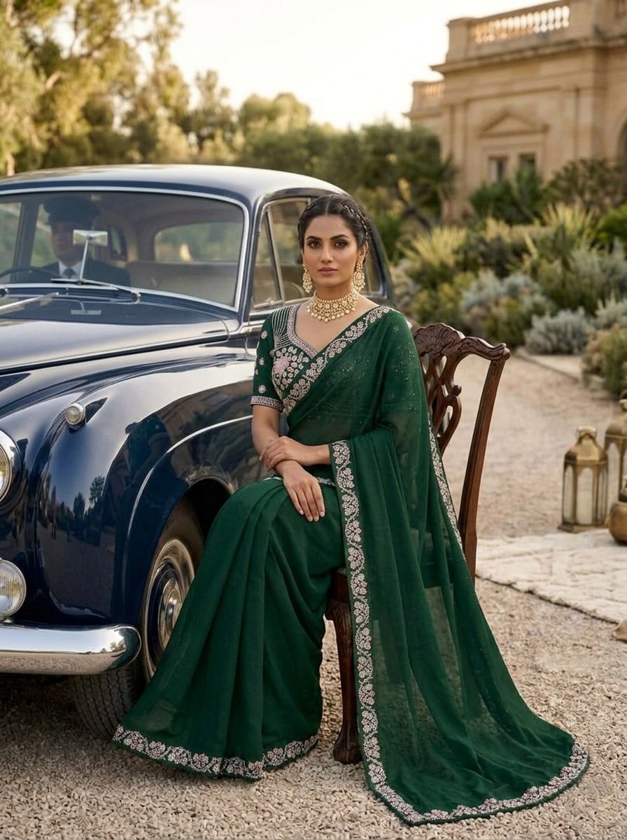 Emerald Green Malay Satin Silk Saree with Ornate Silver Heavy Embellished Blouse Stitched
