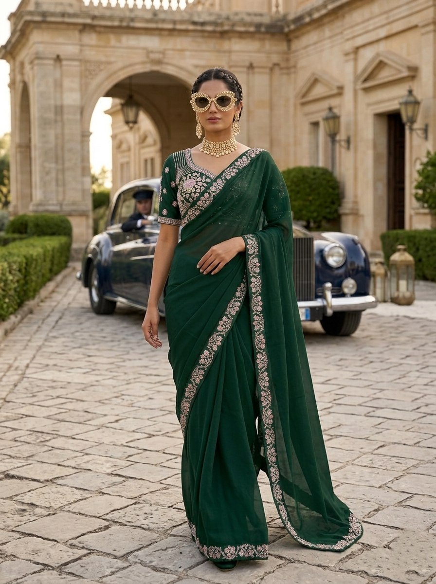Emerald Green Malay Satin Silk Saree with Ornate Silver Heavy Embellished Blouse Stitched