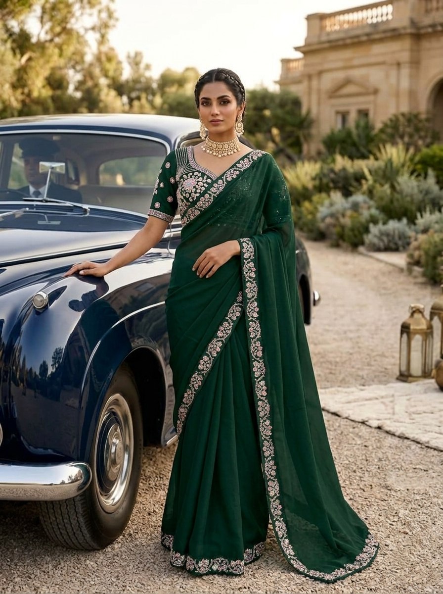 Emerald Green Malay Satin Silk Saree with Ornate Silver Heavy Embellished Blouse Stitched