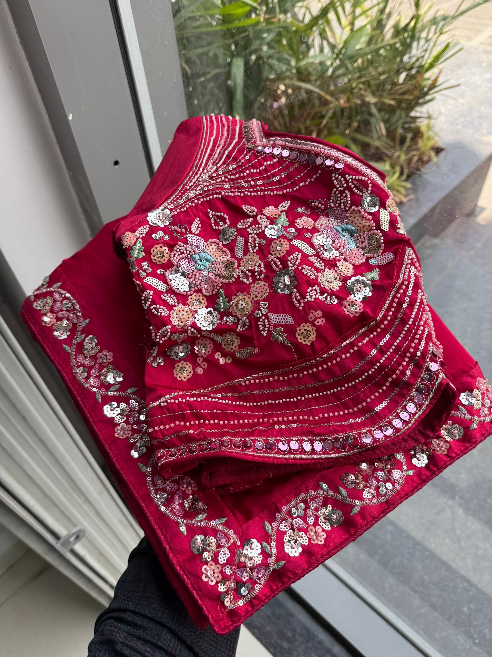 Wine Malay Satin Silk Saree with Ornate Silver Heavy Embellished Blouse Stitched