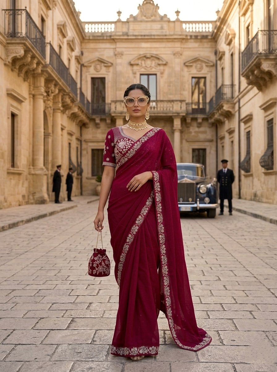 Wine Malay Satin Silk Saree with Ornate Silver Heavy Embellished Blouse Stitched