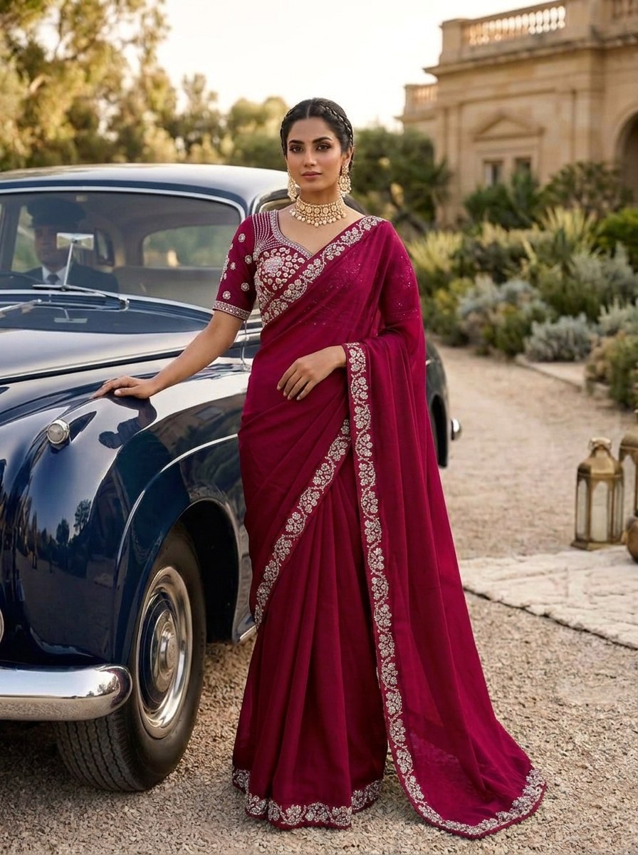 Wine Malay Satin Silk Saree with Ornate Silver Heavy Embellished Blouse Stitched