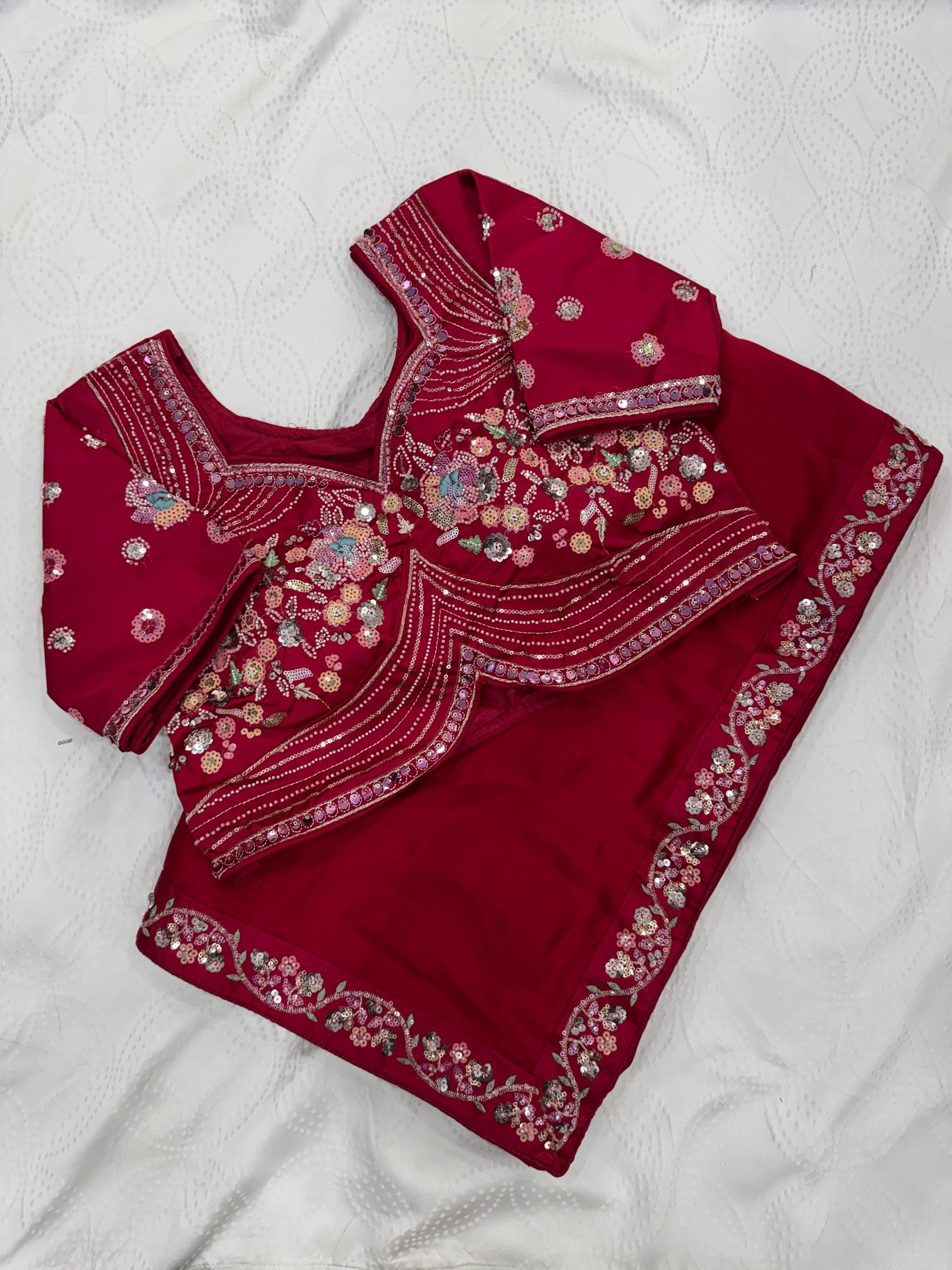 Wine Malay Satin Silk Saree with Ornate Silver Heavy Embellished Blouse Stitched