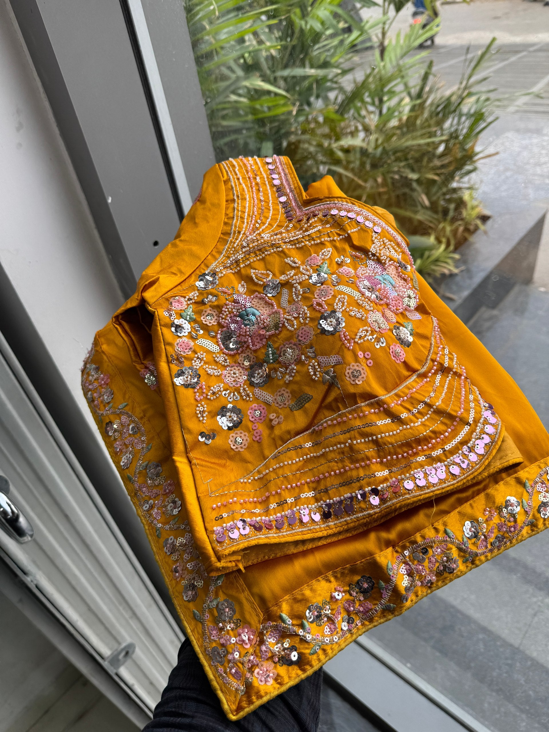 Mustard Malay Satin Silk Saree with Ornate Silver Heavy Embellished Blouse Stitched