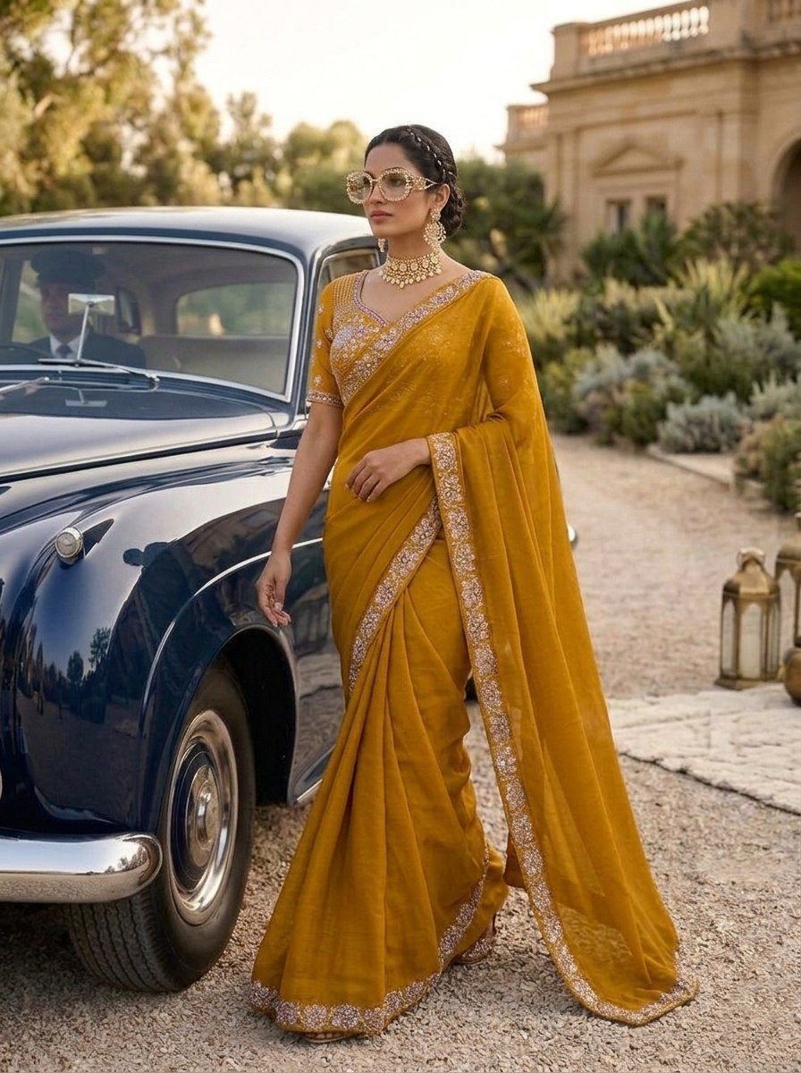 Mustard Malay Satin Silk Saree with Ornate Silver Heavy Embellished Blouse Stitched